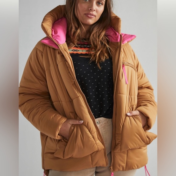 AVEC Les FILLES Brown Puffer Jacket with Pink Lining - Picture 3 of 15